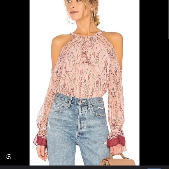 BcbgMaxazria women cold shoulder paisley printed blouse puff tied up Y2K M pink - Picture 10 of 10